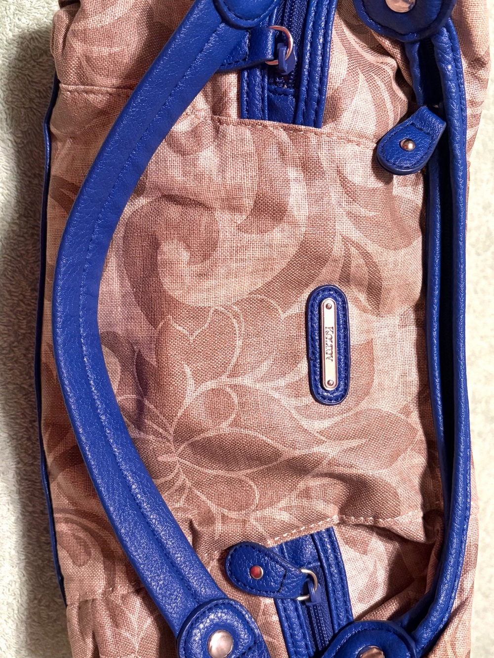 Koltov Beige Floral Shoulder Bag Blue Trim Multi Pocket Hobo - Picture 5 of 10